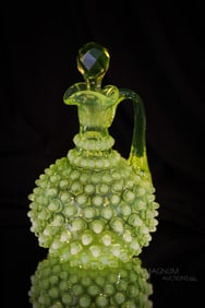 Hobb's Vaseline Opalescent Victorian Glass Hobnail Cruet