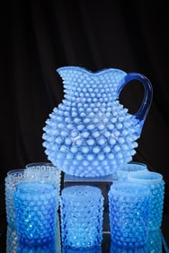 8 pc Victorian Hobb's Glass Blue Opalescent Water Set