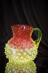 Hobb's Rubina Verde Cranberry Vaseline Hobnail Victgorian Glass Water Pitcher