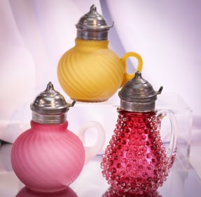 3 pc Lot Hobb's Victorian Glass Syrup Pitchers Satin Swirl & More