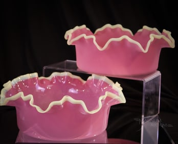 2 pc Lot Hobb's Richelieu Pink & Vaseline Victorian Glass Bowls