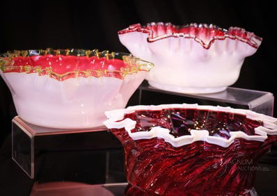 3 pc Lot Hobb's Victorian Glass Bowls Cranberry Spangle & Vaseline