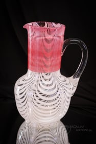 Hobb's Venetian Pink Threaded Victorian Glass Tankard Pitcher
