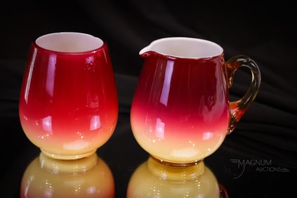 Rare Hobb's Wheeling Peachblow Victorian Glass Breakfast Creamer & Sugar