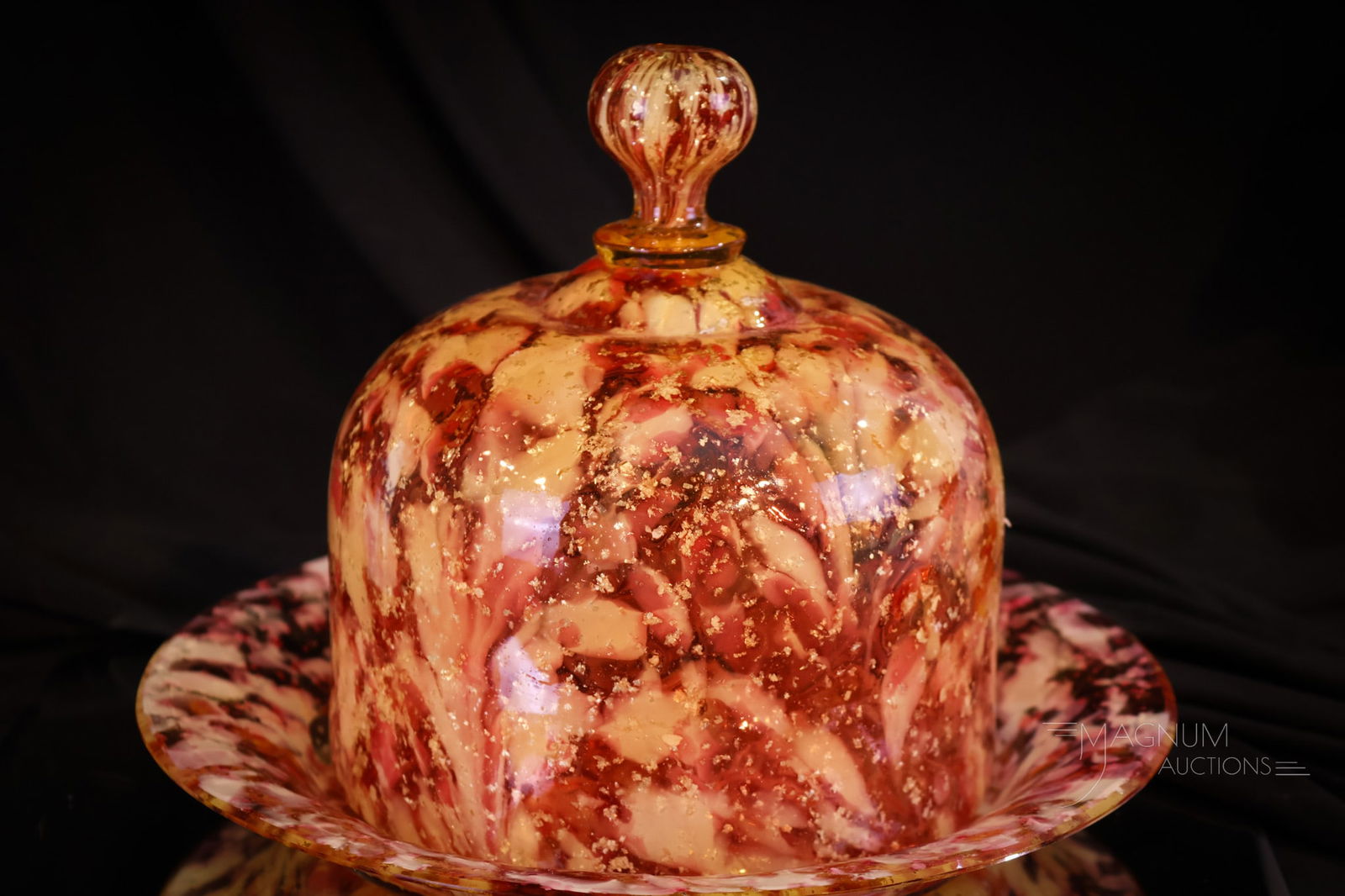 Phoenix Victorian Glass Cranberry Amber Mica Spatter Cheees Dish (1 of 9)