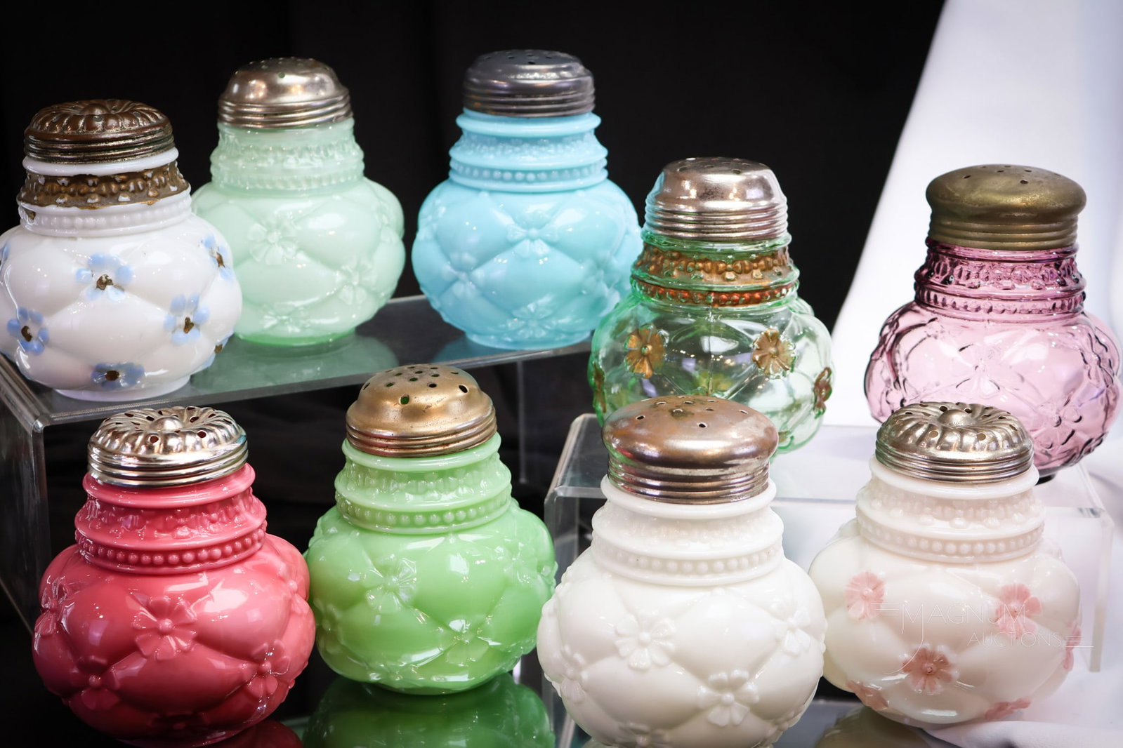 9 pc Lot Northwood Victorian Glass Quilted Phlox Sugar Shakers: Nine nice finds in various colored Northwood Quilted Phlox pattern sugar shakers. One for each day of the week and double on the weekend! Each measures 5" tall.