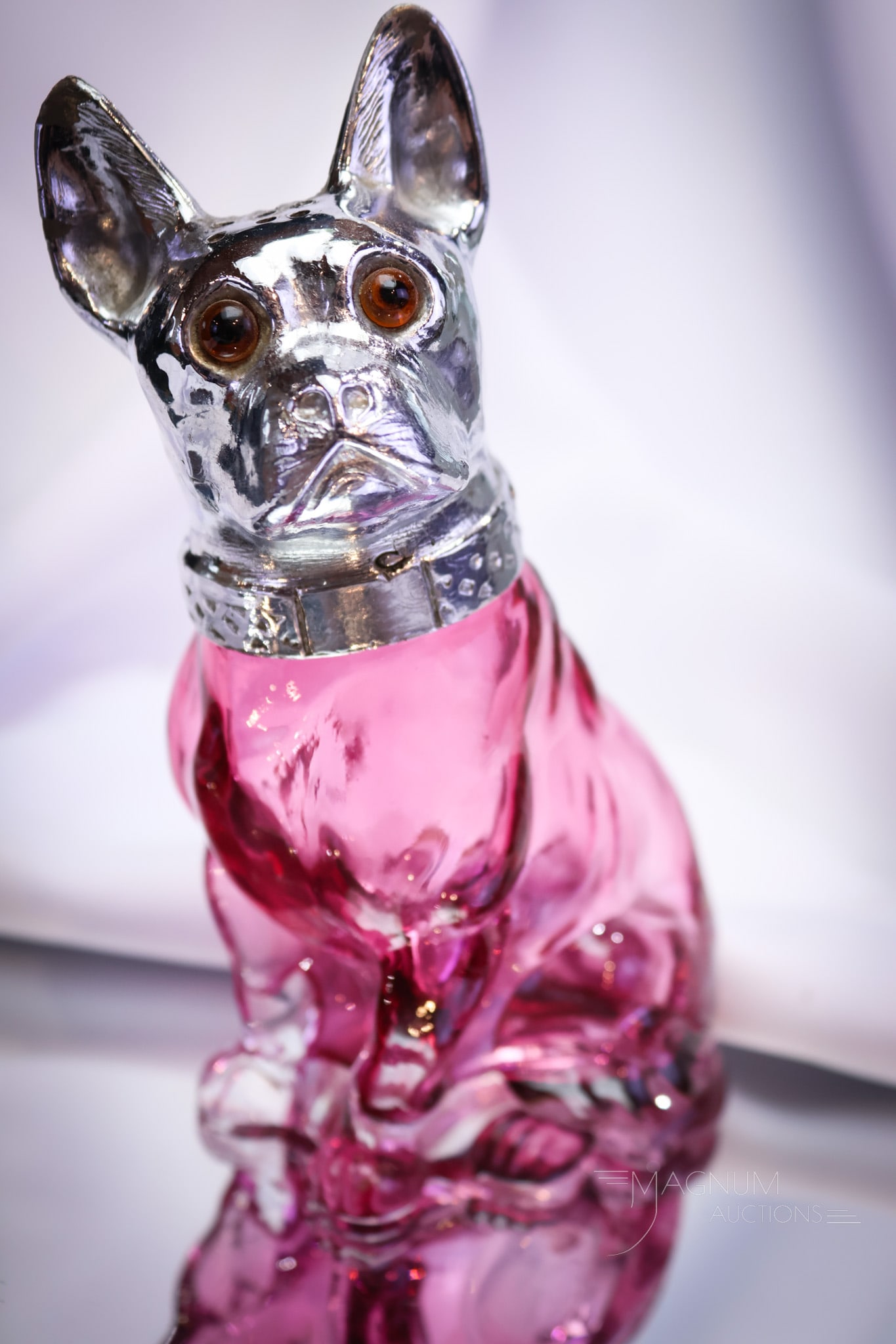 Cranberry Figural Glass Bulldog Sugar Shaker Muffineer: Great cranberry glass figural bulldog sugar shaker or muffineer. This piece has great form and color. Shaker measures 6" tall.