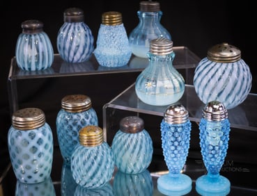 12 pc Lot Blue Opalescent Glass Salt Shakers Victorian & More
