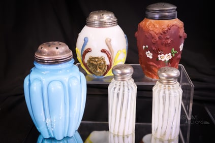 5 pc Lot Victorian Glass Sugar & Salt Shakers Consolidated Uranium & More