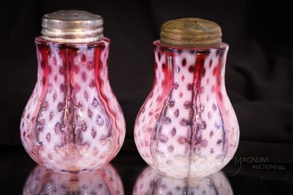 Pair Fostoria Consolidated Criss-Cross Victorian Cranberry Rubina Salt Shakers