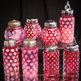 8 pc Lot Victorian & Fenton Cranberry Opalescent Glass Salt Shakers