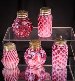 5 pc Lot Northwood Cranberry Opalescent Victorian Glass Salt Shakers