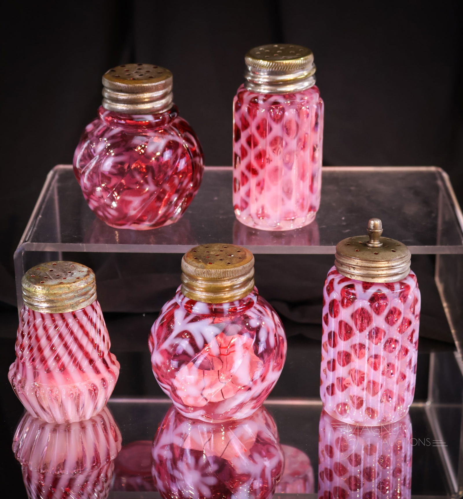 5 pc Lot Northwood Cranberry Opalescent Victorian Glass Salt Shakers (1 of 4)