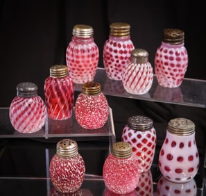 11 pc Lot Victorian Cranberry Opalescent Glass & More Salt Shakers