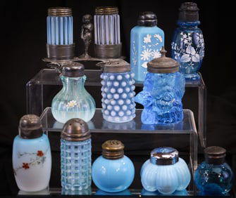 12 pc Lot Victorian Blue Glass Salt Shakers