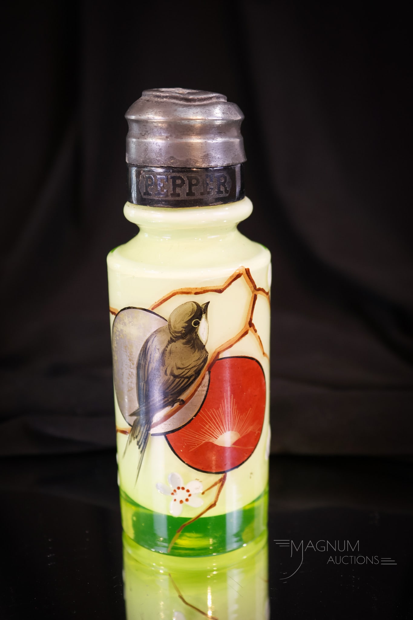 Vaseline Cased Victorian Bird Arbor Enameled Glass Salt Shaker (1 of 5)