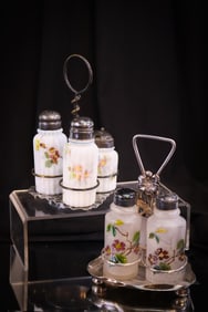 2 pc Lot Victorian Glass Silverplate Condiment Sets Pairpoint & Meriden