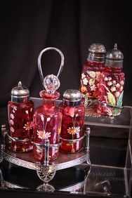 2 pc Lot Cranberry Enameled Victorian Glass Shaker Sets in Silverplate