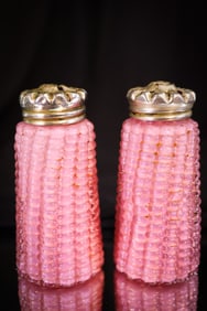 Pair Pink Cased Victorian Glass Maize Corn Salt Shakers