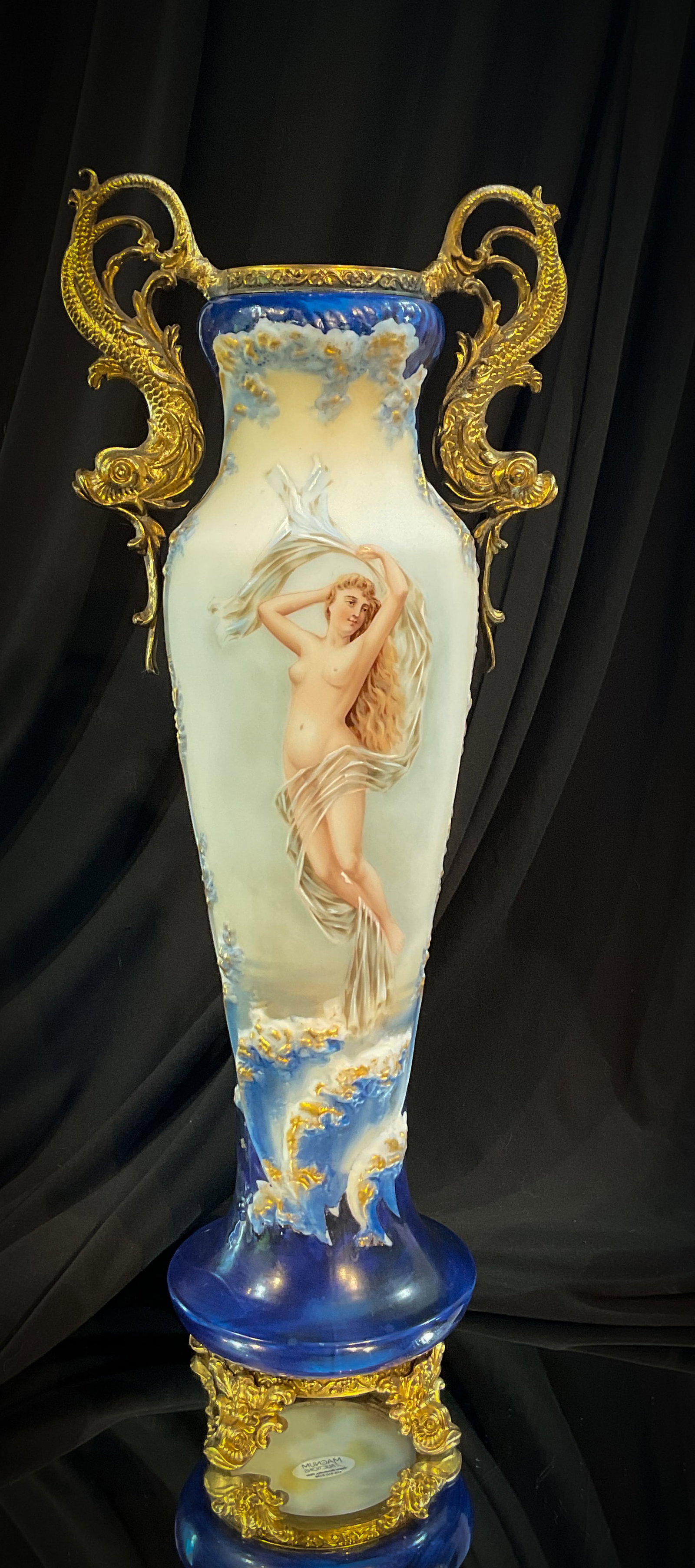 Rare 17 1/2" Wavecrest Cobalt Portrait Nude Sea Foam Mold Vase: A rare find in unmarked Wavecrest. This is a cobalt nude portrait vase. This fine example is complete with gilt handles and feet in the form of dolphins. The vase is in the sea foam mold. The front of