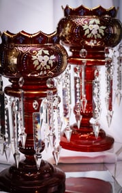 Pair 14" Monumental Ruby Gilt Enameled Victorian Glass Mantle Lusters
