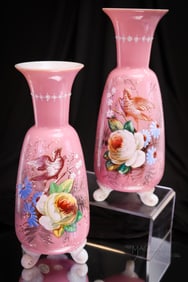 Pair Victorian 10" Enameled Glass Roses & Birds Mantle Vases