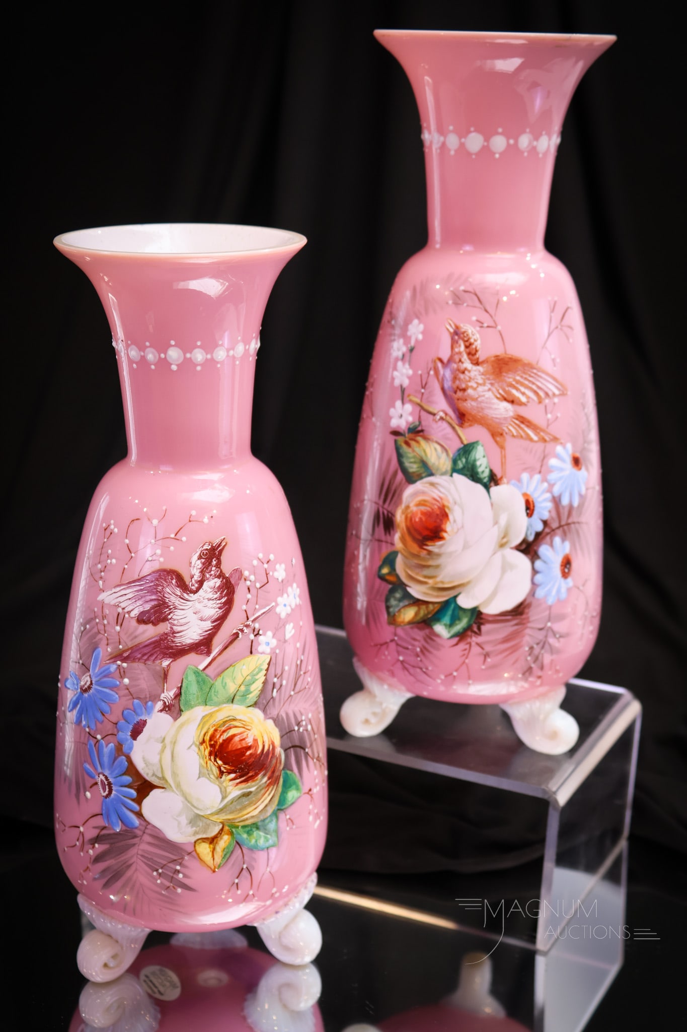 Pair Victorian 10" Enameled Glass Roses & Birds Mantle Vases (1 of 5)