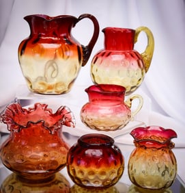 6 pc Lot Victorian Amberina Glass