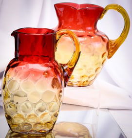 2 pc Lot Victorian Amberina Glass Water Pitchers