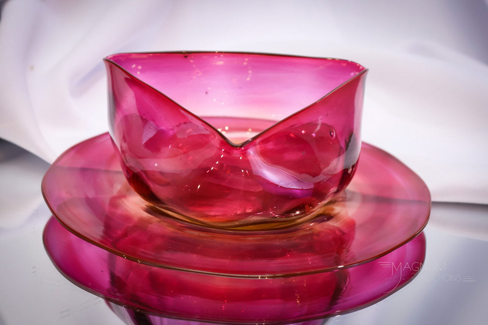 New England Victorian Glass Amberina Finger Bowl & Underplate: Great color and form to this New England glass amberina finger bowl and underplate. Complete it measures 2" tall, 7" diameter.