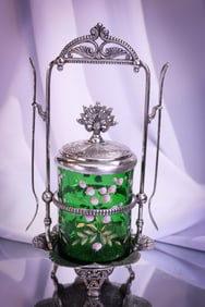 Very Rare Victorian Emerald Green Enameled Glass Silverplate Pickle Castor