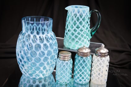 5 pc Lot Blue Opalescent Victorian Glass Hobb's & Northwood