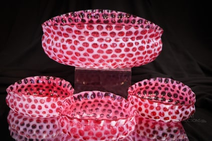 4 pc Hobb's Cranberry Opalescent Windows Swirled Berry Set