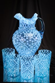 Beaumont Daisy in Criss Cross Victorian Blue Opalescent Glass 6 pc Water Set