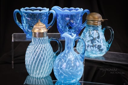 5 pc Lot Blue Opalescent Victorian Glass