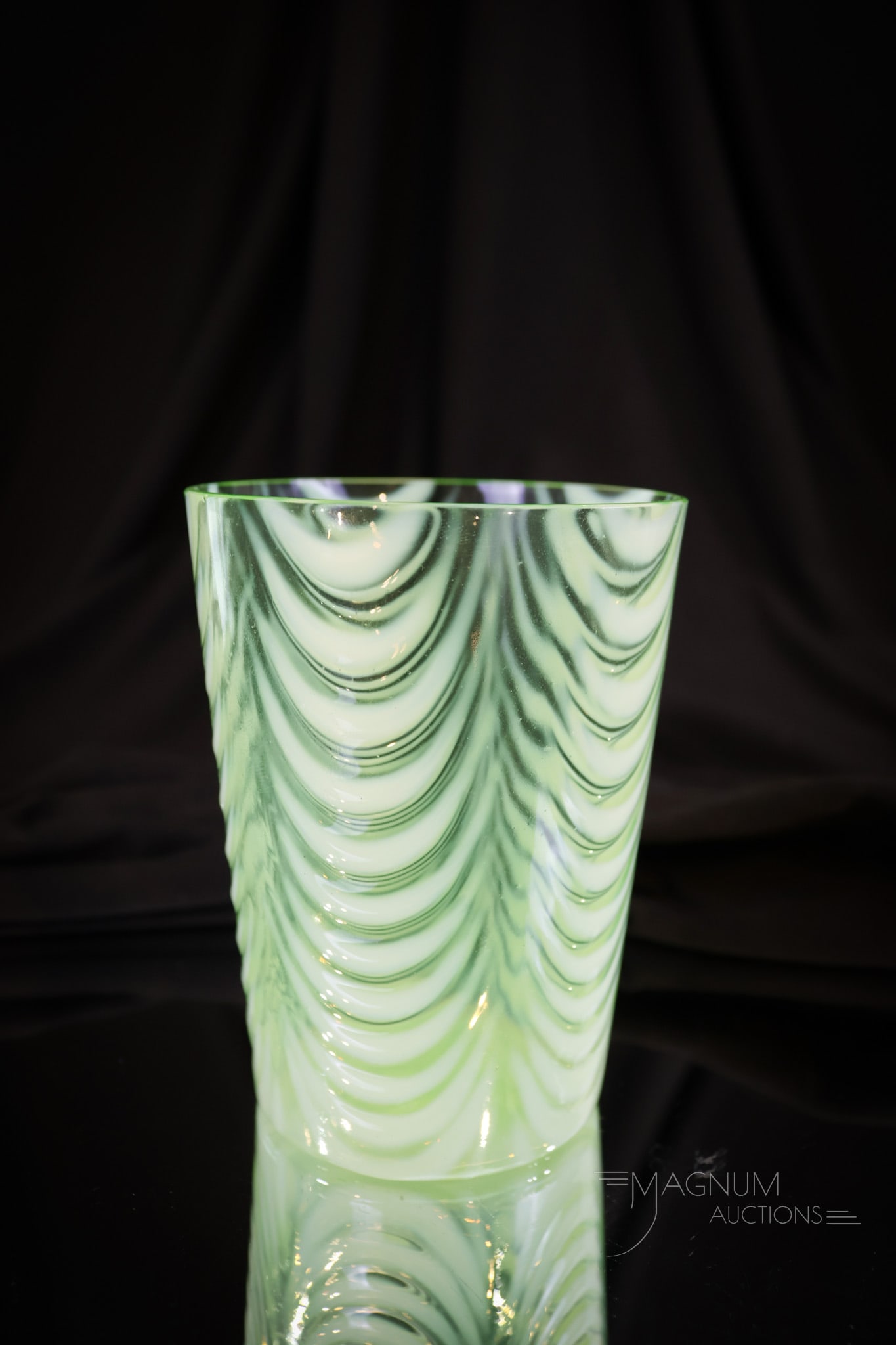 Northwood Green Opalescent Victorian Glass Drapery Tumbler: What a super example this tumbler is! Great color and opal. This honey measures 3 3/4" tall.