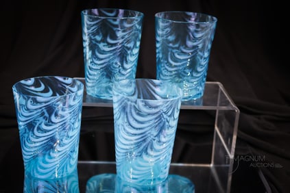 4 pc Lot Blue Opalescent Victorian Glass Blown Twist Tumblers
