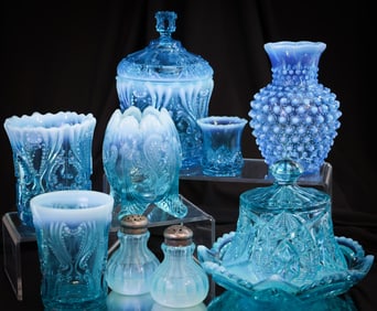 9 pc Lot Blue Opalescent Victorian Glass Northwood Fenton & More
