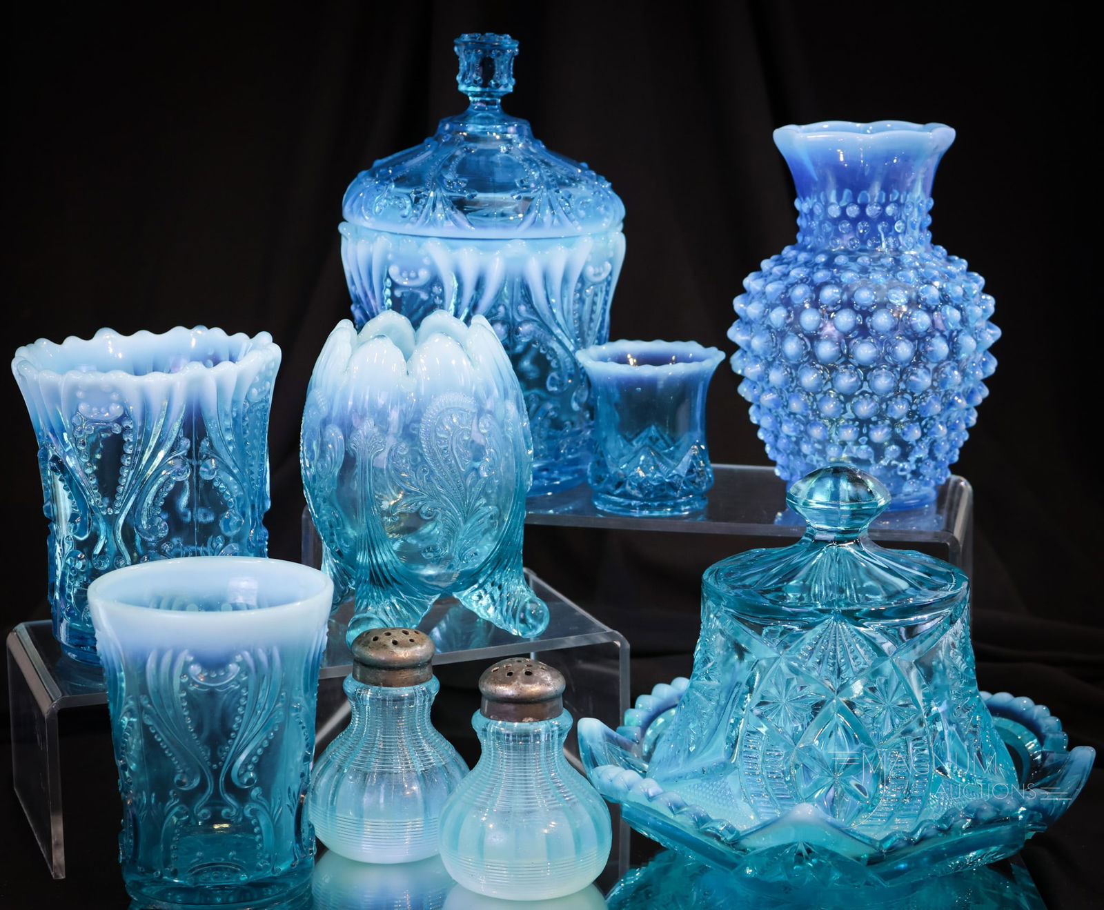 9 pc Lot Blue Opalescent Victorian Glass Northwood Fenton & More (1 of 10)