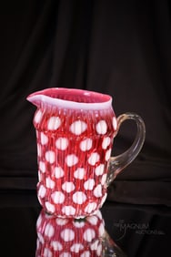 Rare Northwood Cranberry Opalescent Victorian Glass Ribbed Coinspot Cream Pitcher