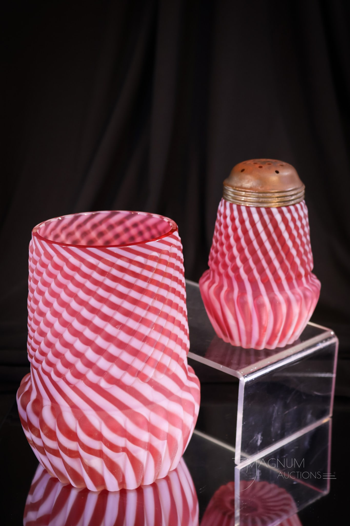 Northwood Cranberry Opalescent Glass Satin Sugar Shaker & Celery Vase (1 of 8)