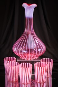5 pc Cranberry Opalescent Stripe Victorian Glass Decanter Cordial Set