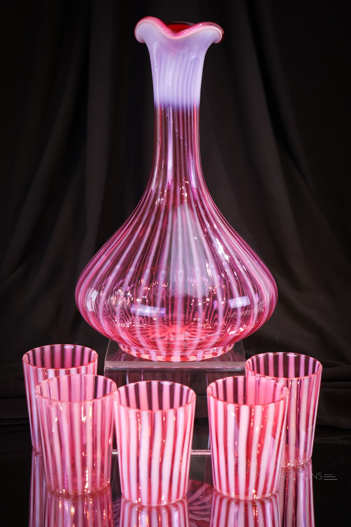 5 pc Cranberry Opalescent Stripe Victorian Glass Decanter Cordial Set (1 of 9)