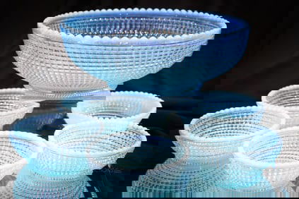 6 pc Albany Blue Opalescent Ribbed Spiral Victorian Glass Berry Set