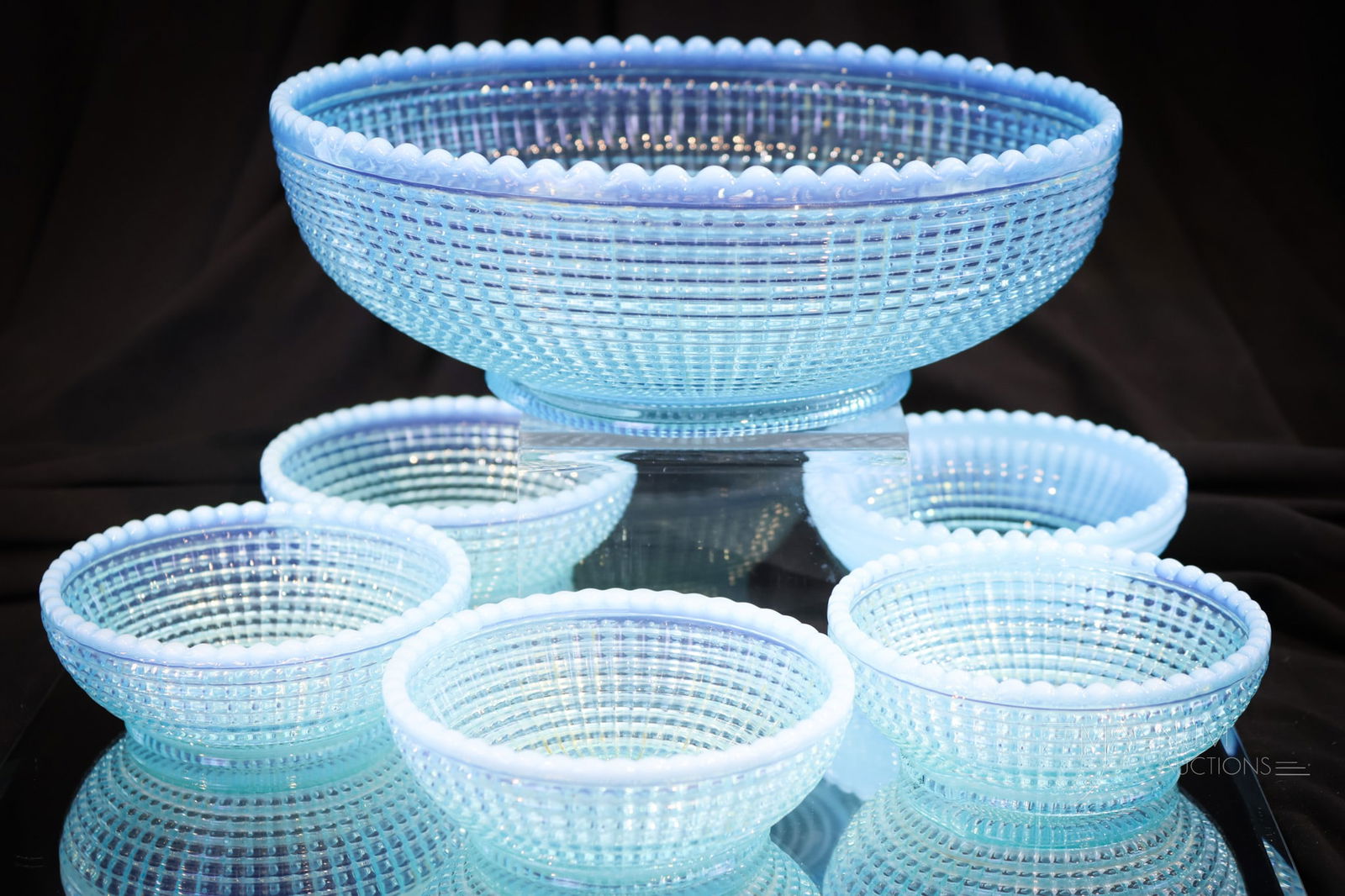 6 pc Albany Blue Opalescent Ribbed Spiral Victorian Glass Berry Set (1 of 8)
