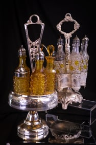 2 pc Lot Victorian Daisy & Button Silverplate Cruet Condiment Castors Amber & More