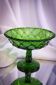 Greentown Cord Drapery Victorian Glass Green Compote