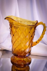 Greentown Victorian Glass Cord Drapery Amber Water Pitcher