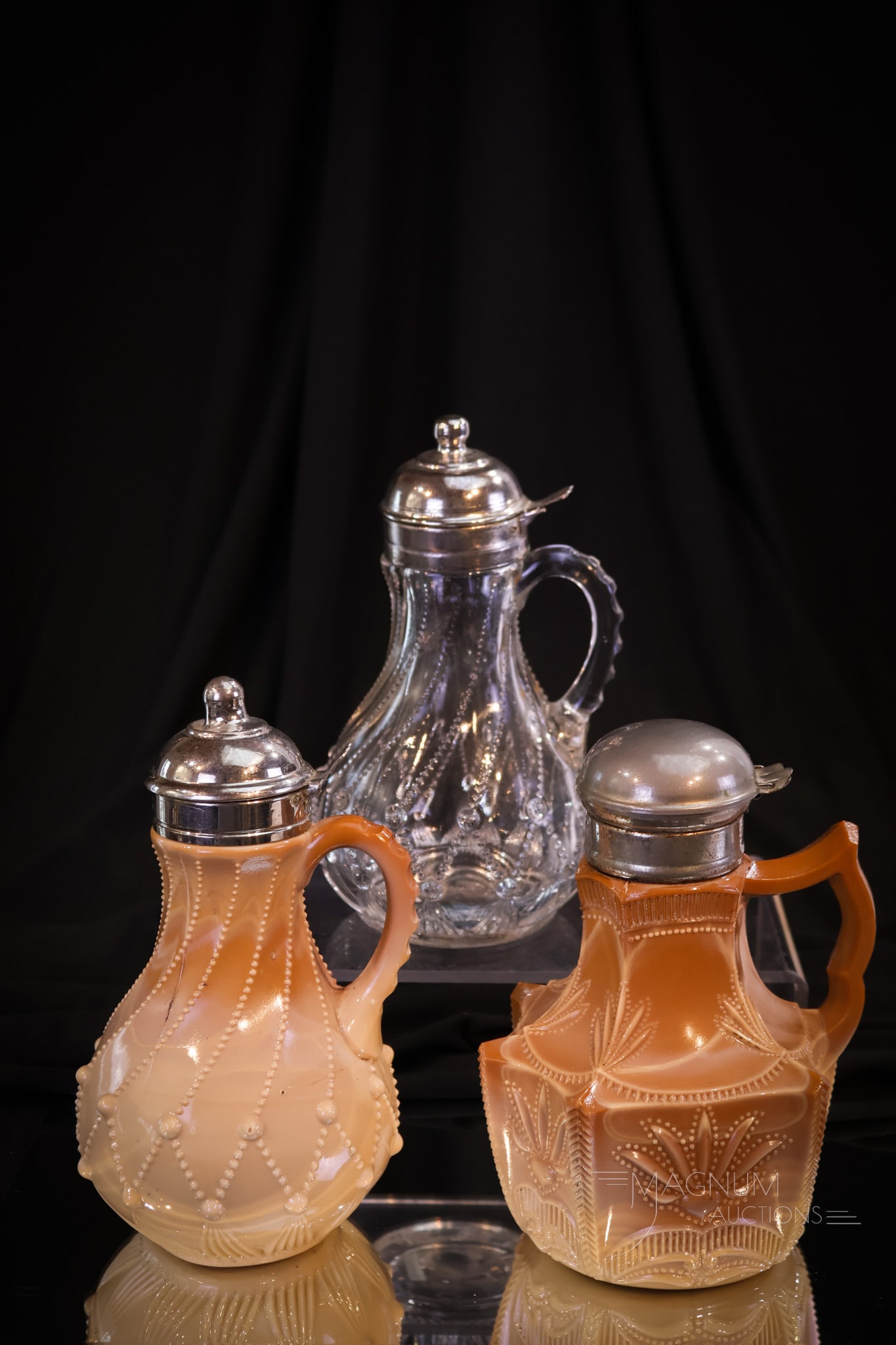 3 pc Lot Greentown Cord Drapery Victorian Glass Syrup Pitchers (1 of 14)