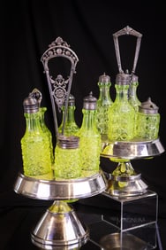 2 pc Lot Victorian Silverplate & Vaseline Glass Cruet Condiment Castors